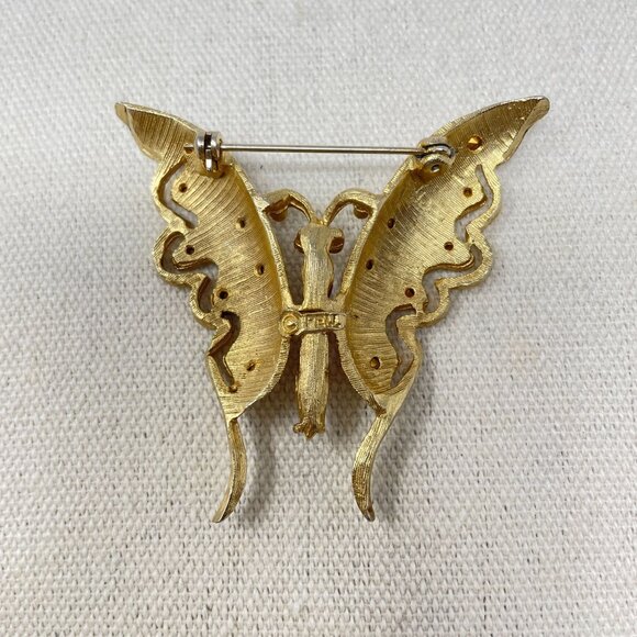 Pell Uranium Glass Butterfly Brooch Vintage Signed Gold-Tone Pink Body - Picture 8 of 12